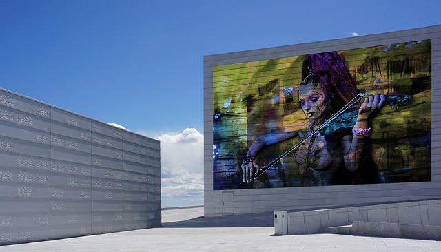Picture of a woman playing the violin projected on to an outcrop on the opera buildings roof